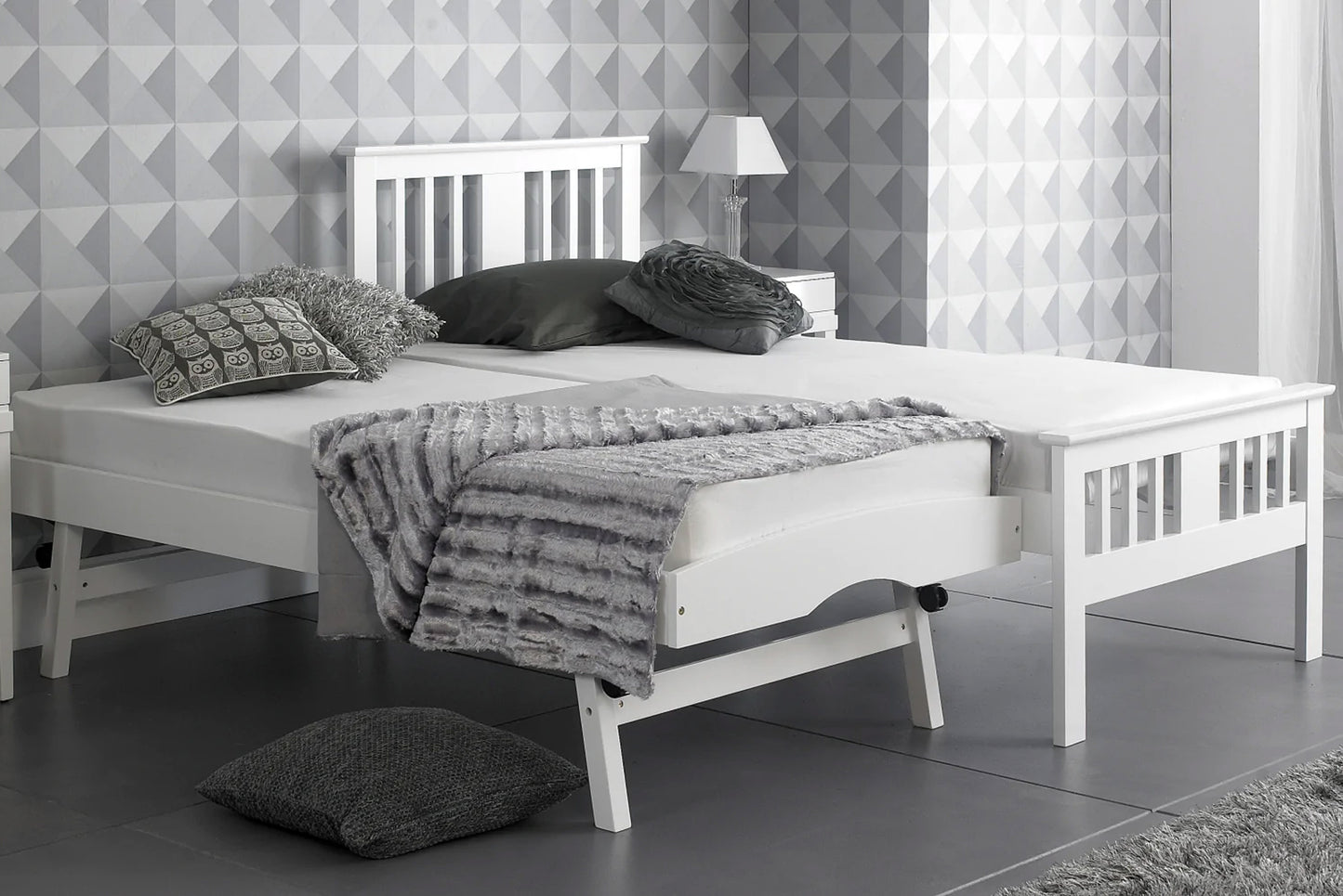White Wooden Bed with Pullout Trundle