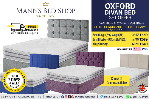 Oxford Divan Set. Single, Double & King Size Bed with Mattress